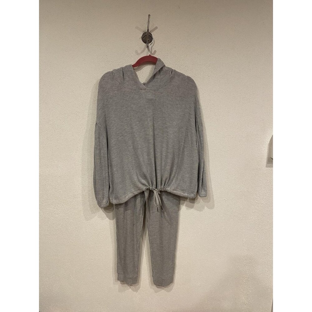 L*SPACE Lounge Set Womens Small Gray Waffle Knit Hooded Top Pants 2 Piece Outfit
